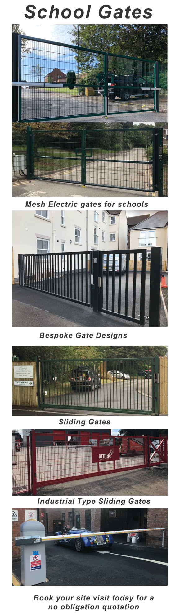 A selection of our school gates, mesh design, Pallisade,Bespoke, Modern, sliding & barriers